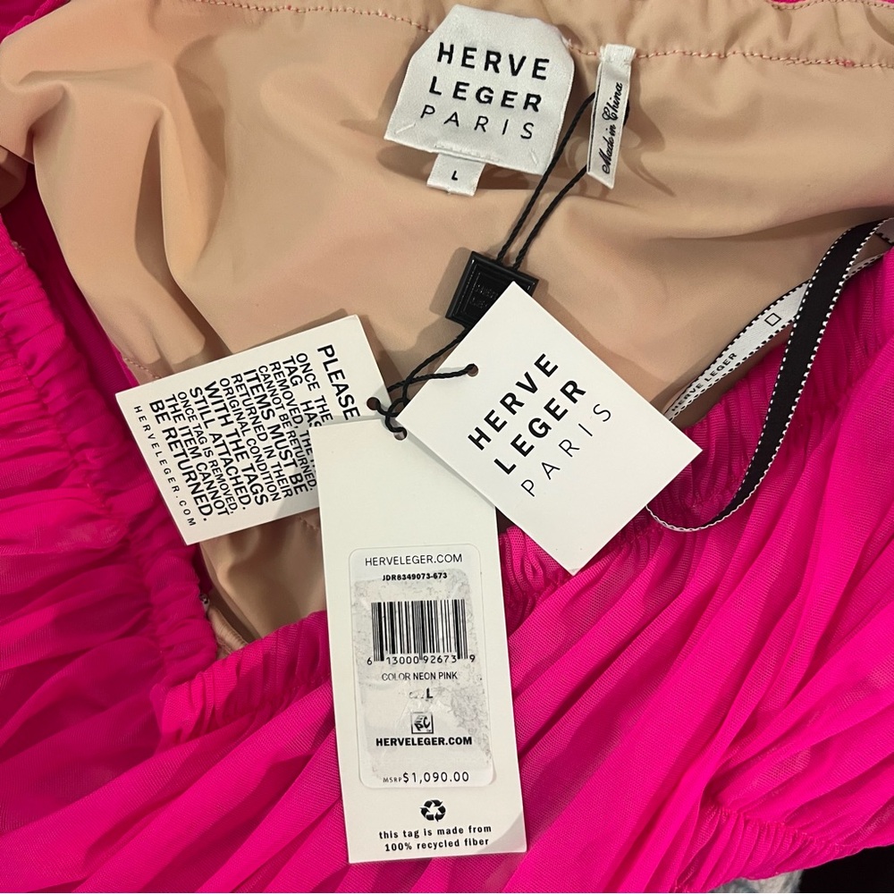 NEW NWT Herve Leger One Shoulder Draped Jersey Mini Dress In Neon Pink - Picture 7 of 9